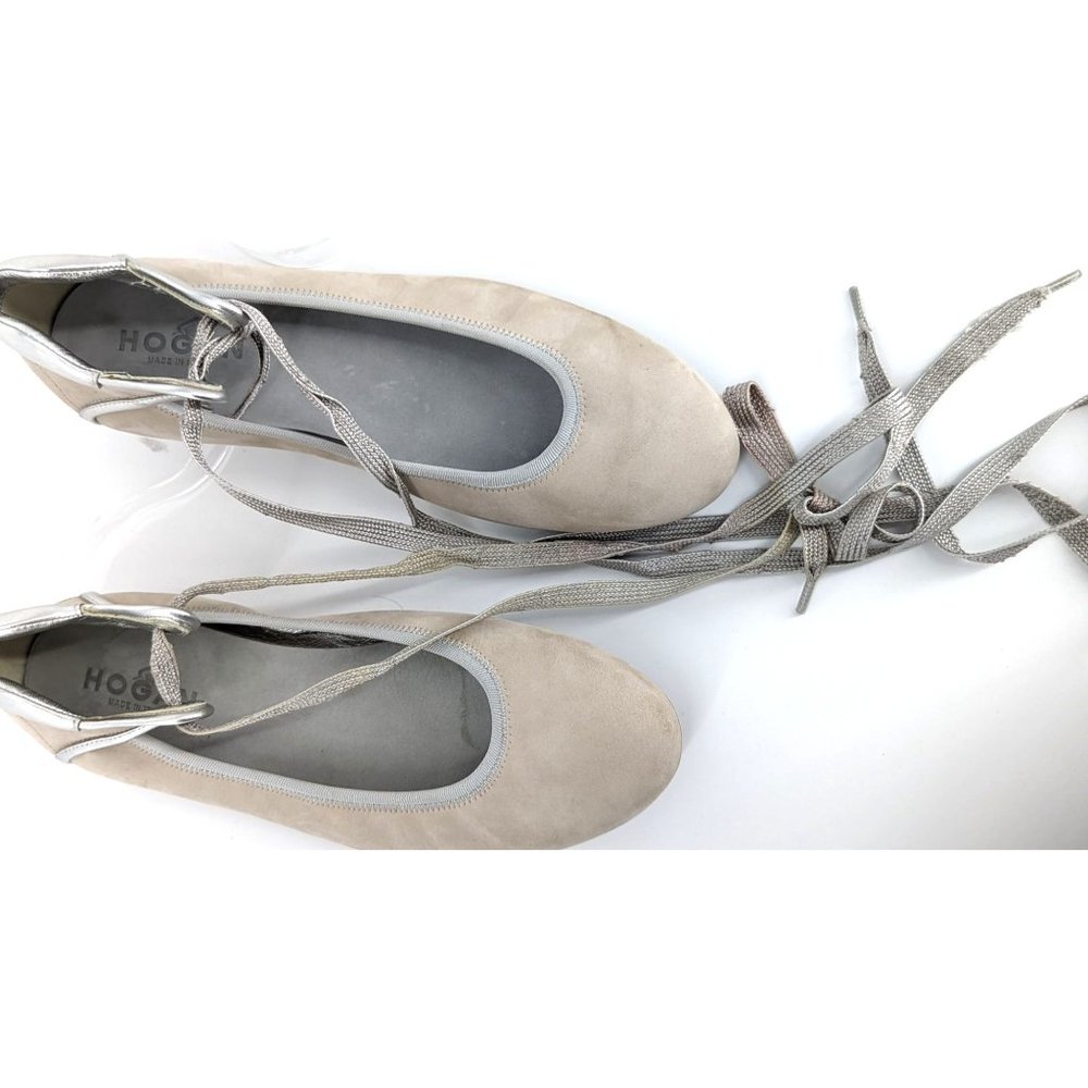 HOGAN SUEDE LACE UP BALLERINA FLAT Grey Silver sz 8.5 Italian - Picture 4 of 16